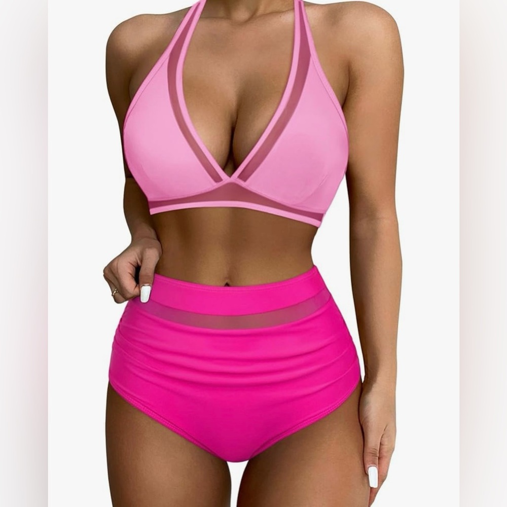 SUUKSESS Women Sexy High Waist Bikini Sets Mesh Tummy Control 2 Piece Swimsuits